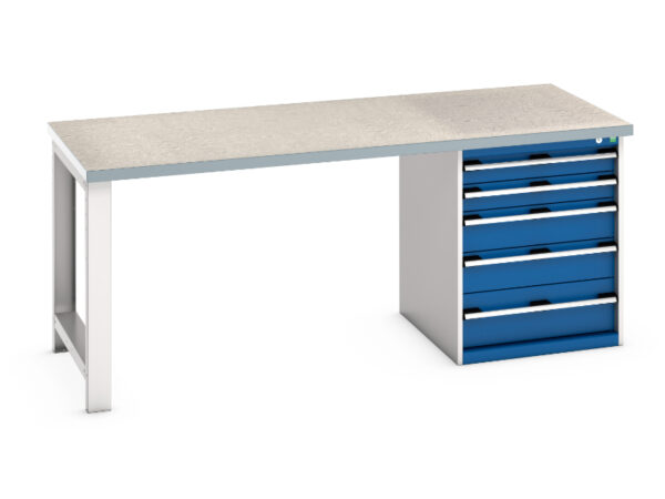 Work Table with 5 Drawers And 1 Cupboard - Cubio Pedestal Bench (Lino) with 5 Drawer Pedestal Cabinet. WxDxH: 2000X900X840mm Ral 7035/5010 _SKU-41004112.11V
