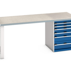 Bott Cubio Heavy Duty Work Table - Cubio Pedestal Bench (Lino) with 6 Drawer Pedestal Cabinet. WxDxH: 2000X900X840mm Ral 7035/5010 _SKU-41004116.11V
