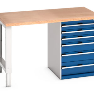 6 Drawer Industrial Work Table - Cubio Pedestal Bench (Mpx) with 6 Drawer Pedestal Cabinet. WxDxH: 1500X900X940mm Ral 7035/5010 _SKU-41004117.11V