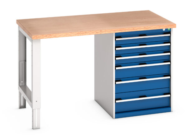 6 Drawer Industrial Work Table - Cubio Pedestal Bench (Mpx) with 6 Drawer Pedestal Cabinet. WxDxH: 1500X900X940mm Ral 7035/5010 _SKU-41004117.11V