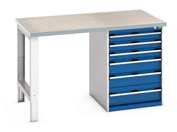 Work Table with 6 Drawers And 1 Cupboard - Cubio Pedestal Bench (Lino) with 6 Drawer Pedestal Cabinet. WxDxH: 1500X900X940mm Ral 7035/5010 _SKU-41004118.11V
