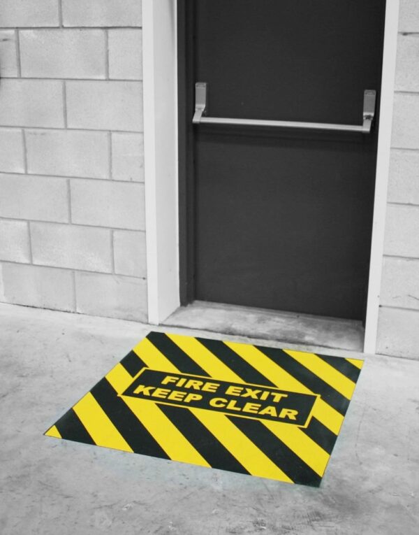 Fire Escape Floor Markings - Fire Exit Keep Area Clear Anti-Slip Floor Sign Black / Yellow with Fire Exit Keep Clear text   SKU-F1276