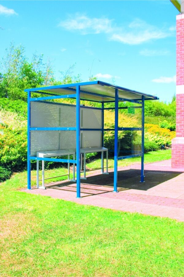Steel Outside Smoking Shelter - Perforated Steel Back - H.2180 W.2450 D.2500mm  - 9 People    SKU-SS212425P
