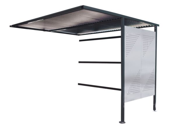 Bike Storage Traditional Cycle Shelter - Extension - H.2180 W.2450 D.1900mm - Perforated Light Grey Steel Sides, Open Back    SKU-EXT-SC211924B